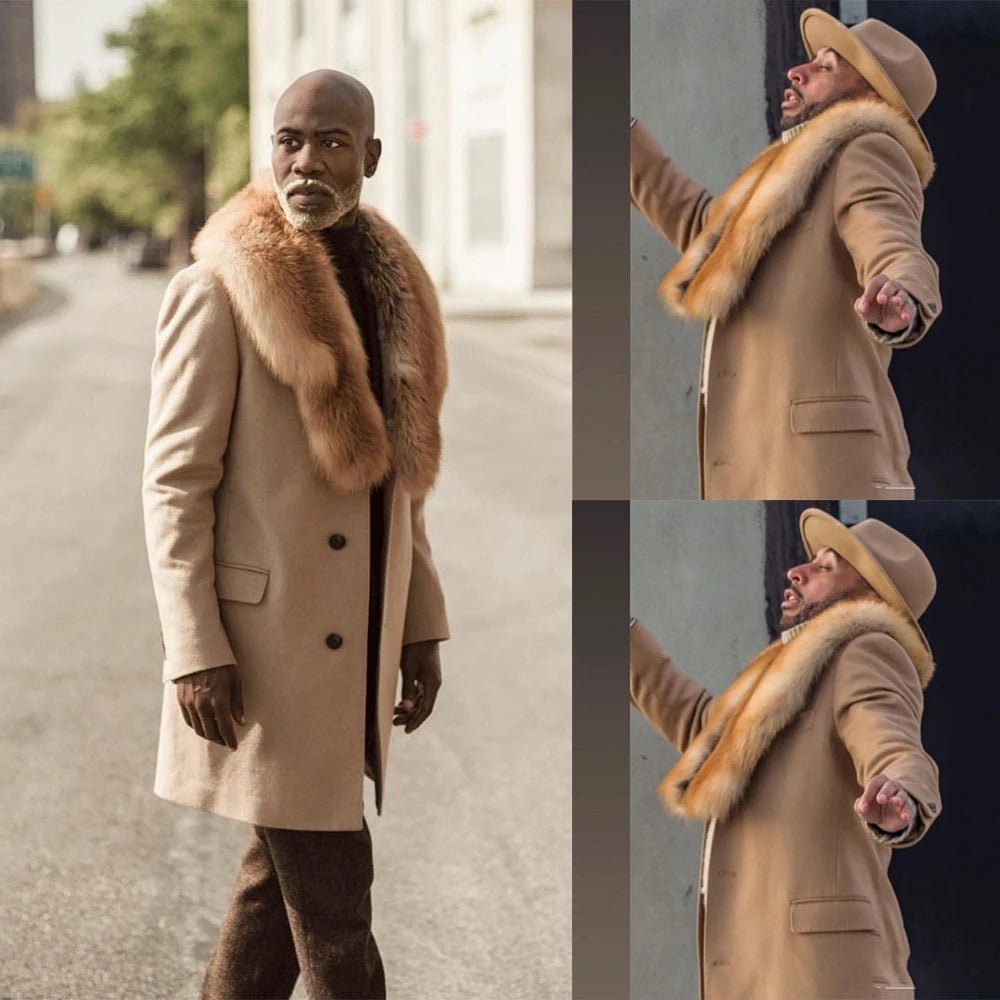 Men Winter Fur Thick Warm Coat Outwear Wedding Tuxedo Suit Jacket Costume Nightclub Singer One Piece