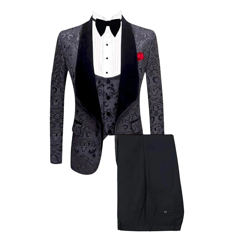 Men's  3 Pieces(Jacquard Jacket and Vest )  Single Breasted Button Tuxedos  Shawl Lapel Party Dinner Groom Suit