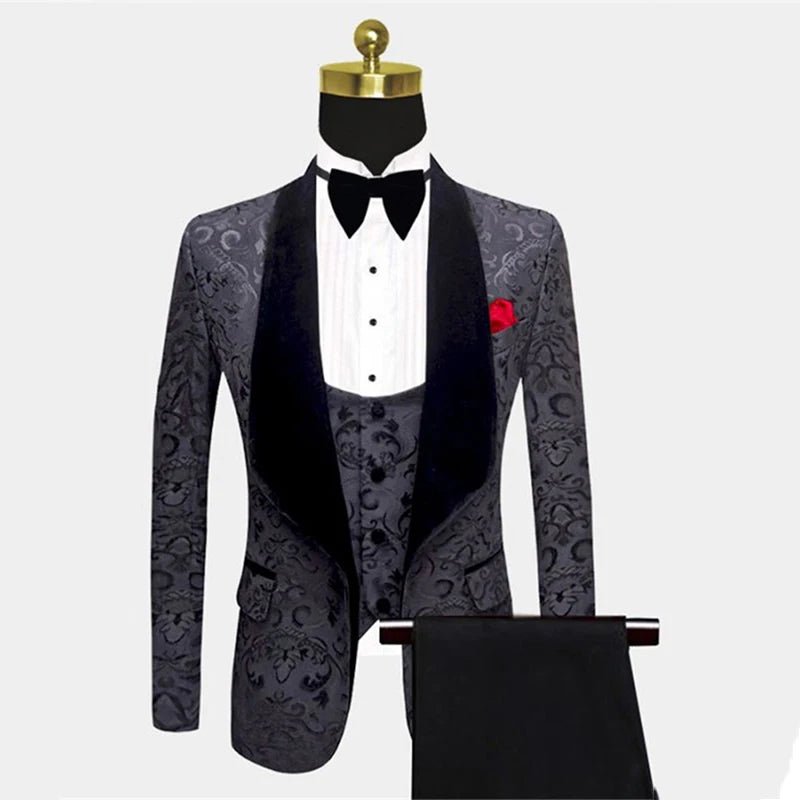 Traje de 3 piezas (chaqueta y chaleco jacquard) para hombre, esmoquin de un solo pecho con botones y solapa chal para fiesta y cena. 
