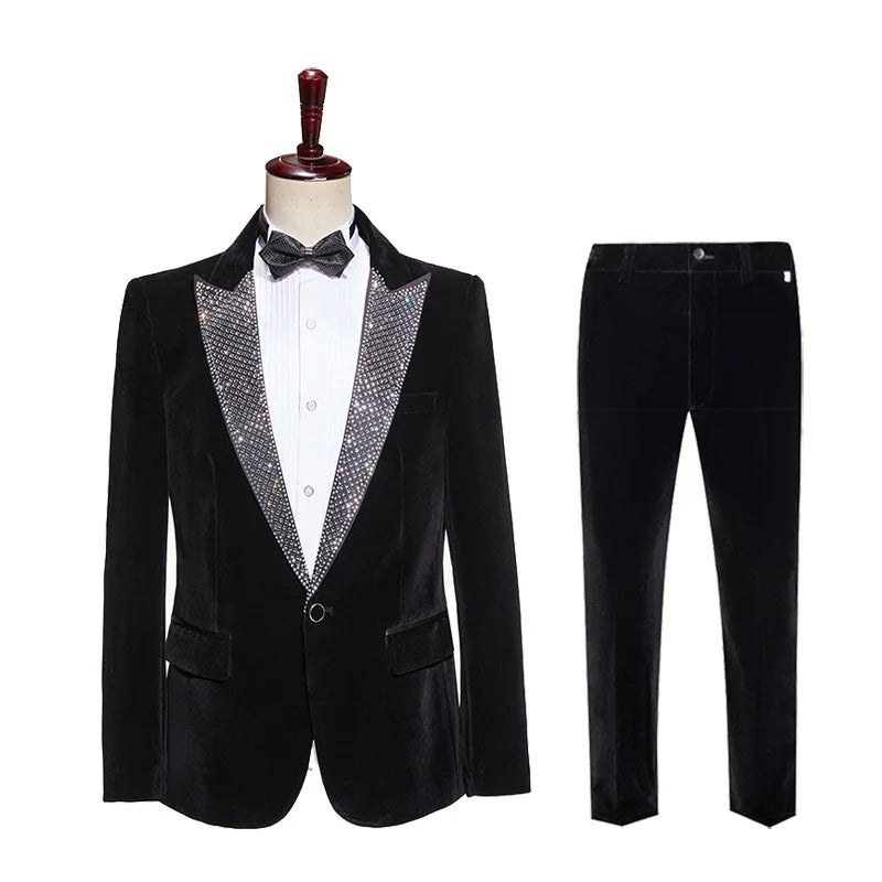 Men's Black Velvet Suit Wedding Banquet Evening Party Host Tuxedo Suits Rhinestones Lapel Collar Blazer Pants 2 Piece Set