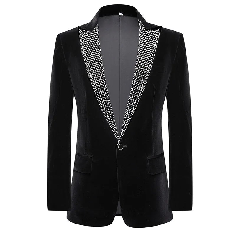 Men's Black Velvet Suit Wedding Banquet Evening Party Host Tuxedo Suits Rhinestones Lapel Collar Blazer Pants 2 Piece Set