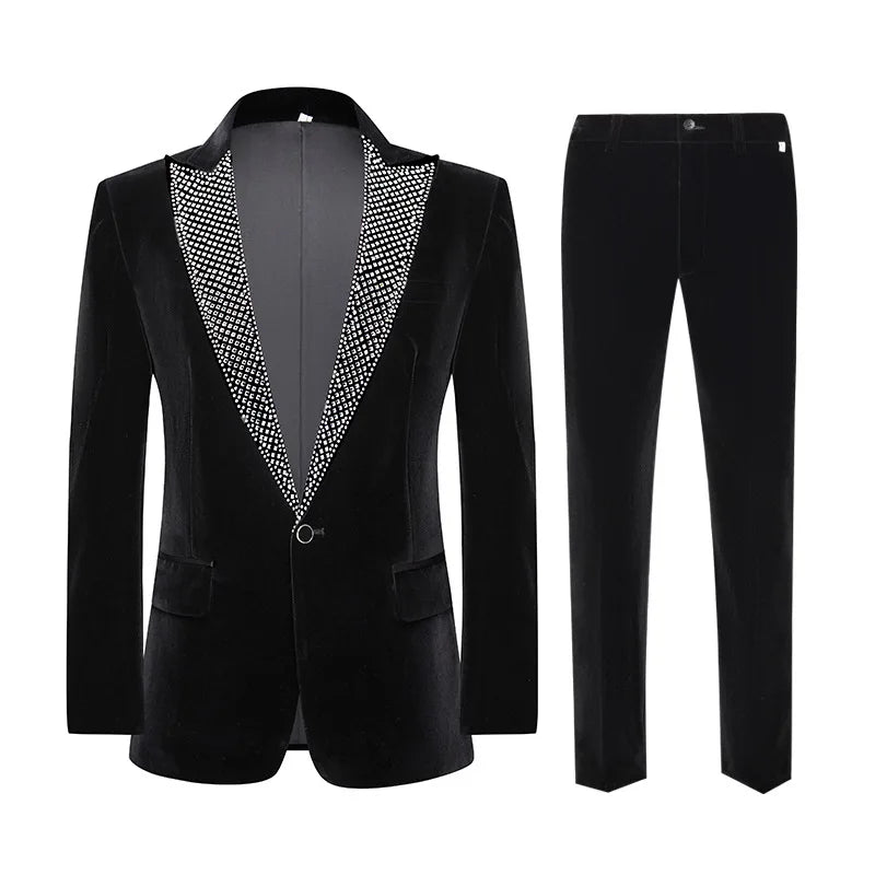 Costume homme en velours noir, costume de mariage, banquet, soirée, smoking, strass, col à revers, blazer, pantalon, ensemble 2 pièces