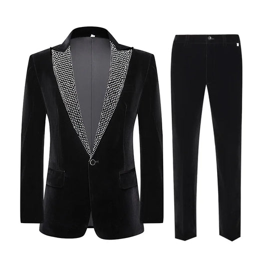 Costume homme en velours noir, costume de mariage, banquet, soirée, smoking, strass, col à revers, blazer, pantalon, ensemble 2 pièces