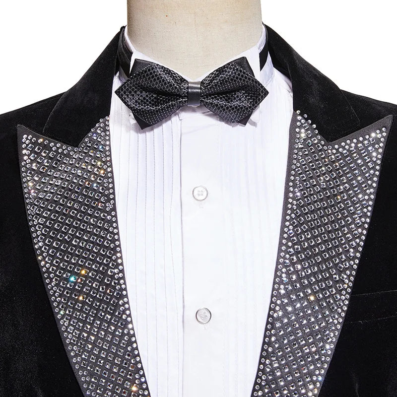 Men's Black Velvet Suit Wedding Banquet Evening Party Host Tuxedo Suits Rhinestones Lapel Collar Blazer Pants 2 Piece Set