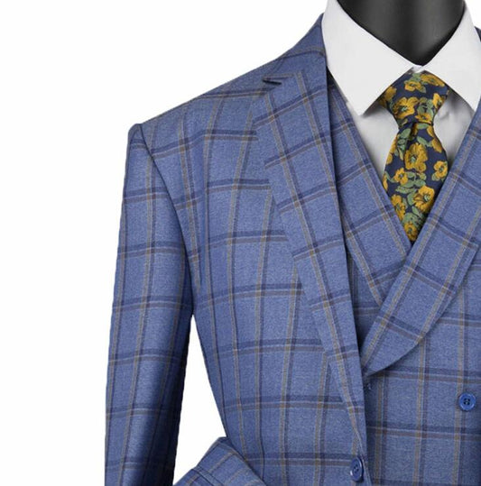 Men's Blue Lattice Double Breasted 6 Button Classic Fit Suit New Two Pieces Jacket and Pants  Popular Fashion