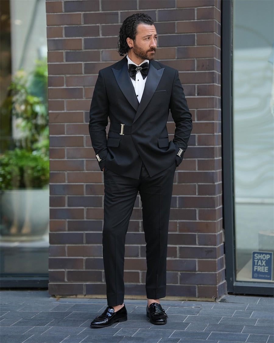 Men's Buckled Double Breasted Suits Slim Fit Italian Style Jacket Pants Black Groom Tuxedo for Wedding Prom Party Formal Suit