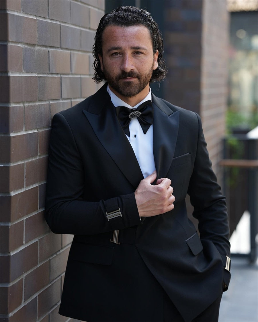 Costume croisé à boucle pour homme, coupe slim, style italien, veste et pantalon, smoking noir pour mariage, bal, soirée, costume formel 