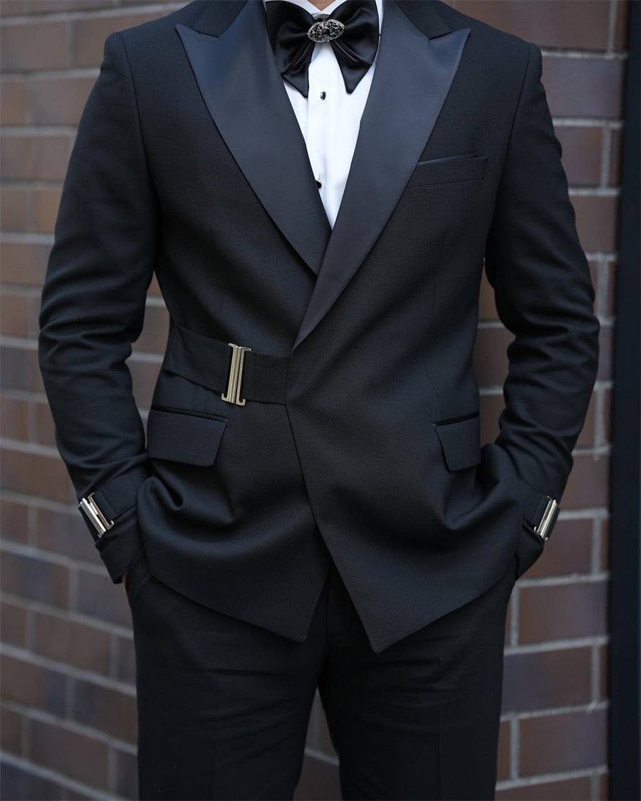 Costume croisé à boucle pour homme, coupe slim, style italien, veste et pantalon, smoking noir pour mariage, bal, soirée, costume formel 