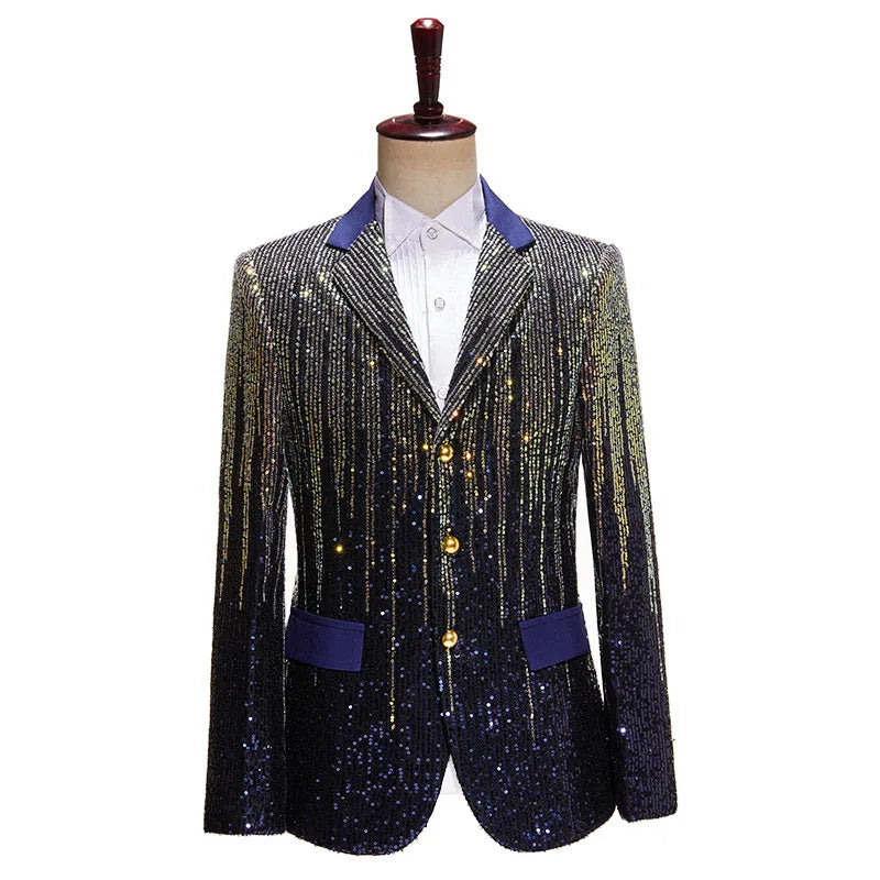 Traje de hombre con lentejuelas de degradado de meteorito colorido, tres botones, estilo occidental, para barra, brillante, estilo de espectáculo, tendencia 