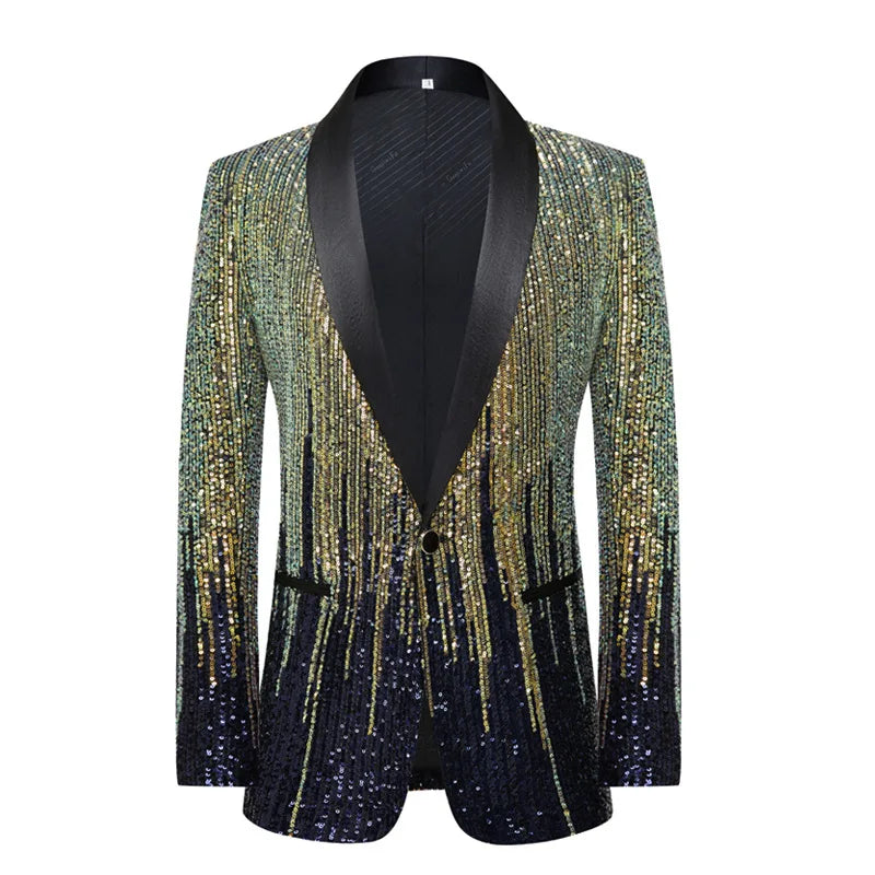 Traje de hombre con lentejuelas de degradado de meteorito colorido, tres botones, estilo occidental, para barra, brillante, estilo de espectáculo, tendencia 