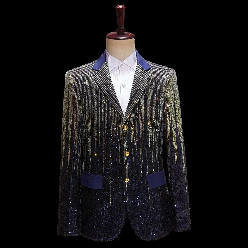 Traje de hombre con lentejuelas de degradado de meteorito colorido, tres botones, estilo occidental, para barra, brillante, estilo de espectáculo, tendencia 