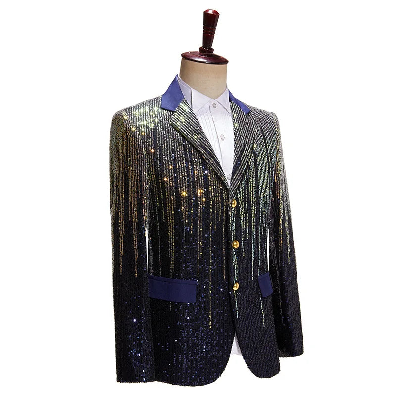 Traje de hombre con lentejuelas de degradado de meteorito colorido, tres botones, estilo occidental, para barra, brillante, estilo de espectáculo, tendencia 