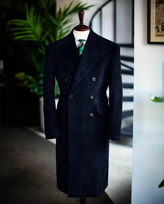 Men's Corduroy Notched Lapel Tuxedo Jacket Double Breasted Blazer Long Coat Wedding Prom Dress Custom