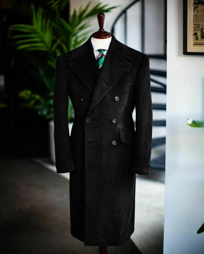 Men's Corduroy Notched Lapel Tuxedo Jacket Double Breasted Blazer Long Coat Wedding Prom Dress Custom
