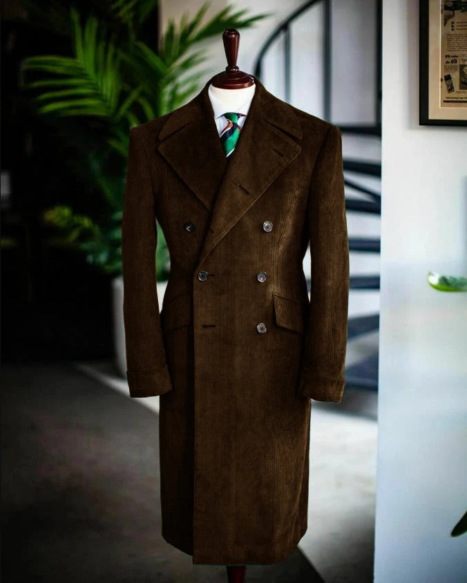 Men's Corduroy Notched Lapel Tuxedo Jacket Double Breasted Blazer Long Coat Wedding Prom Dress Custom