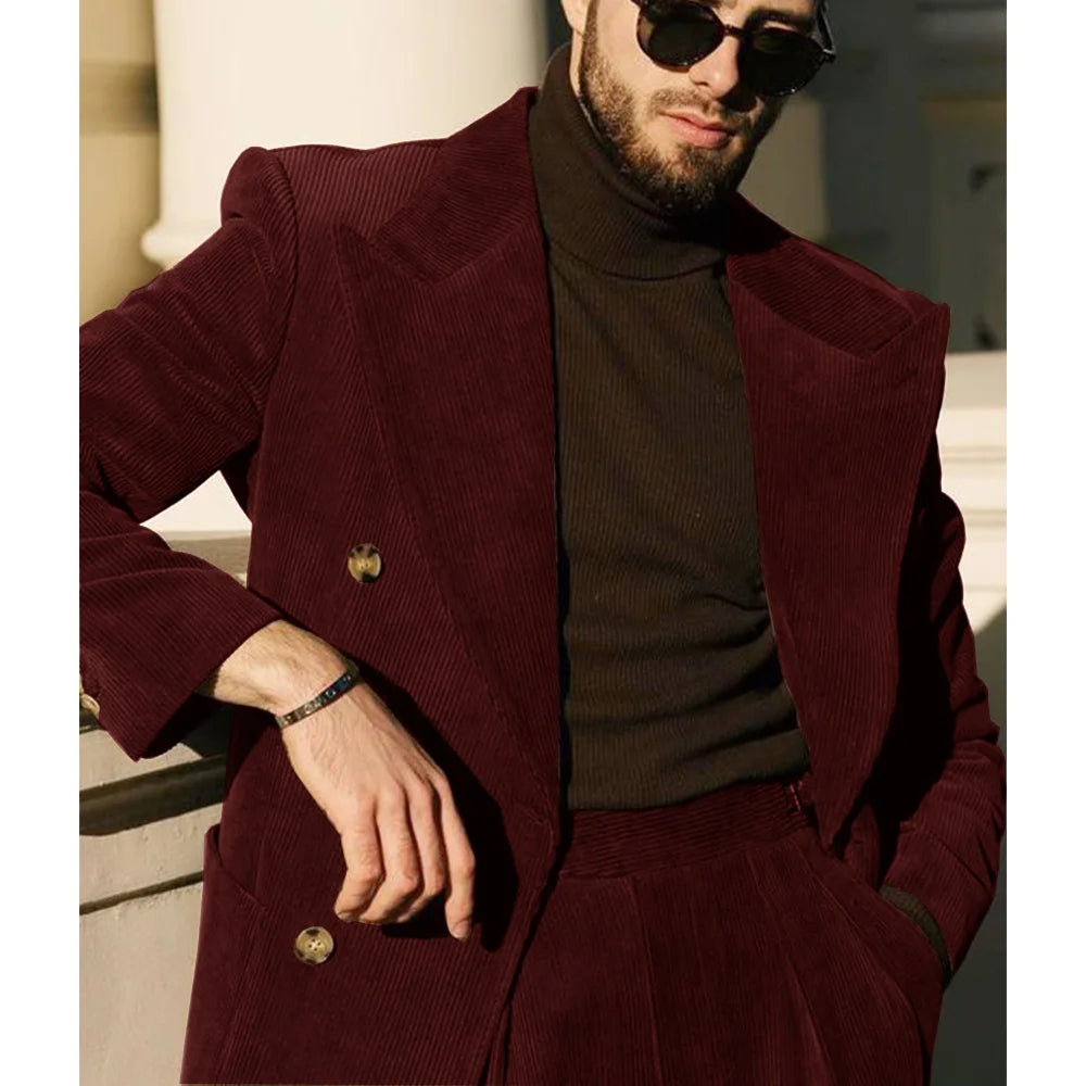 Men's Corduroy Suit Two Piece Elegant Fashionable Casual Comfortable Work Wear Groomsman Party Hallowen Costume Man Pant Sets