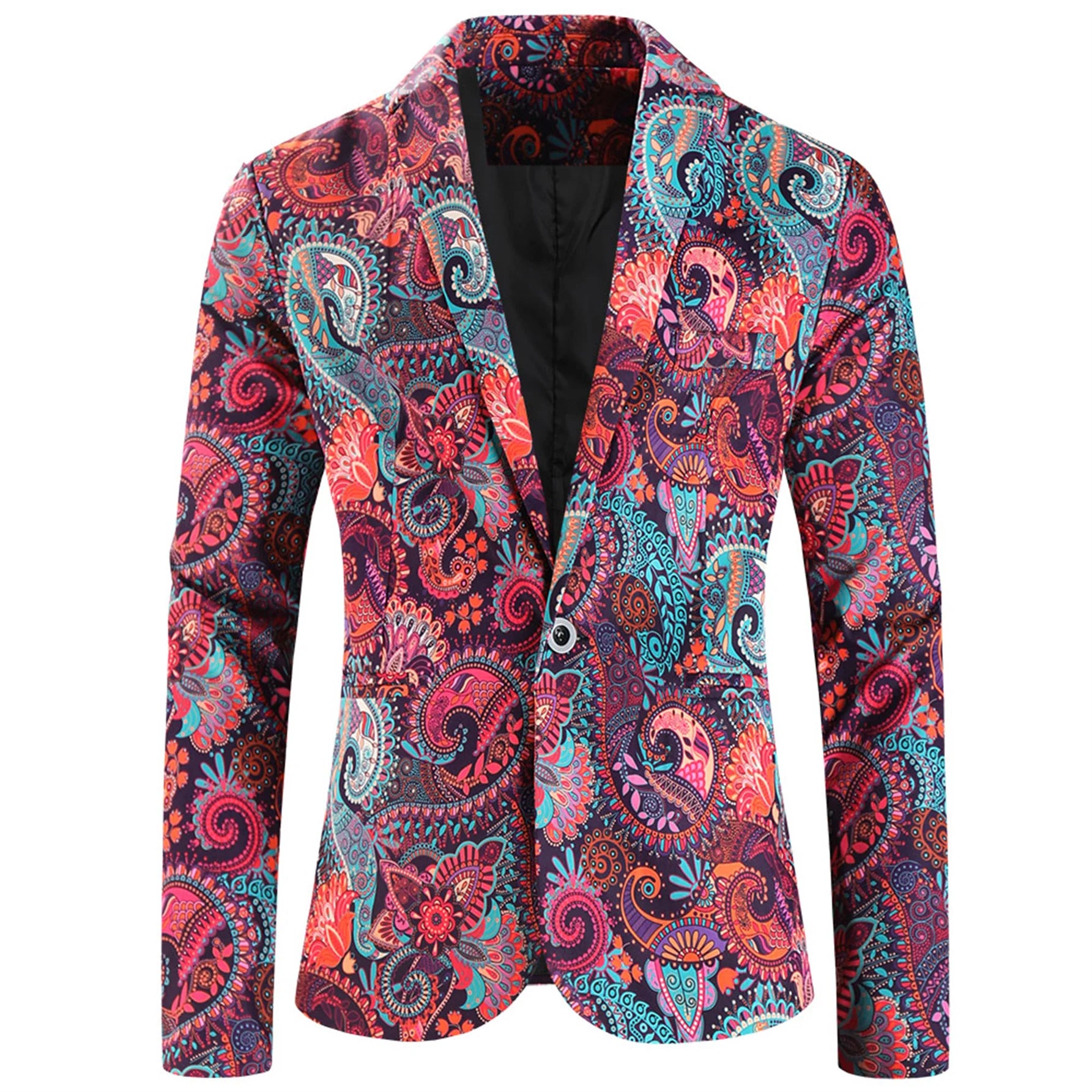 Men's Fashion Colorful Paisley Pattern Blazer, Casual Long Sleeve One Button Lapel Suit Jacket, Slim Fit Dress Coat For Party/Fo