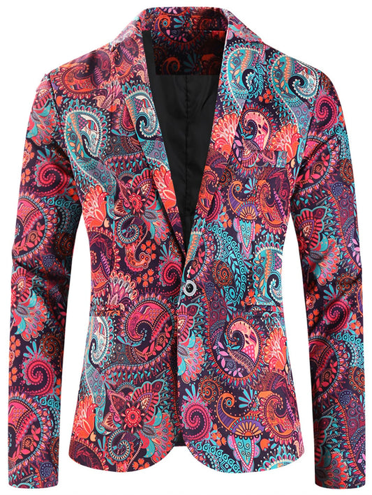 Men's Fashion Colorful Paisley Pattern Blazer, Casual Long Sleeve One Button Lapel Suit Jacket, Slim Fit Dress Coat For Party/Fo