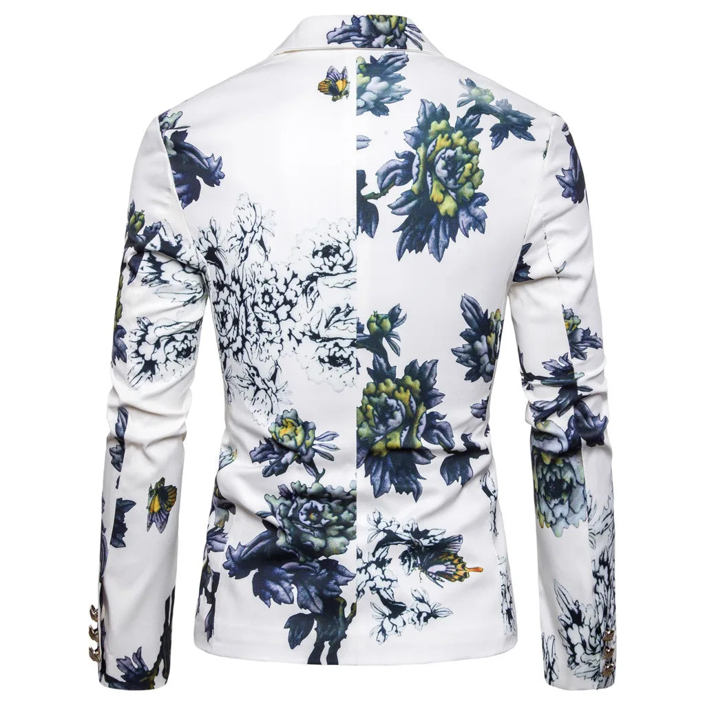 Men's Flower Print Blazer Long Sleeved Lapel One Button Formal Suit Jackset Male Business Wedding Party Outwear Coat Suit Tops