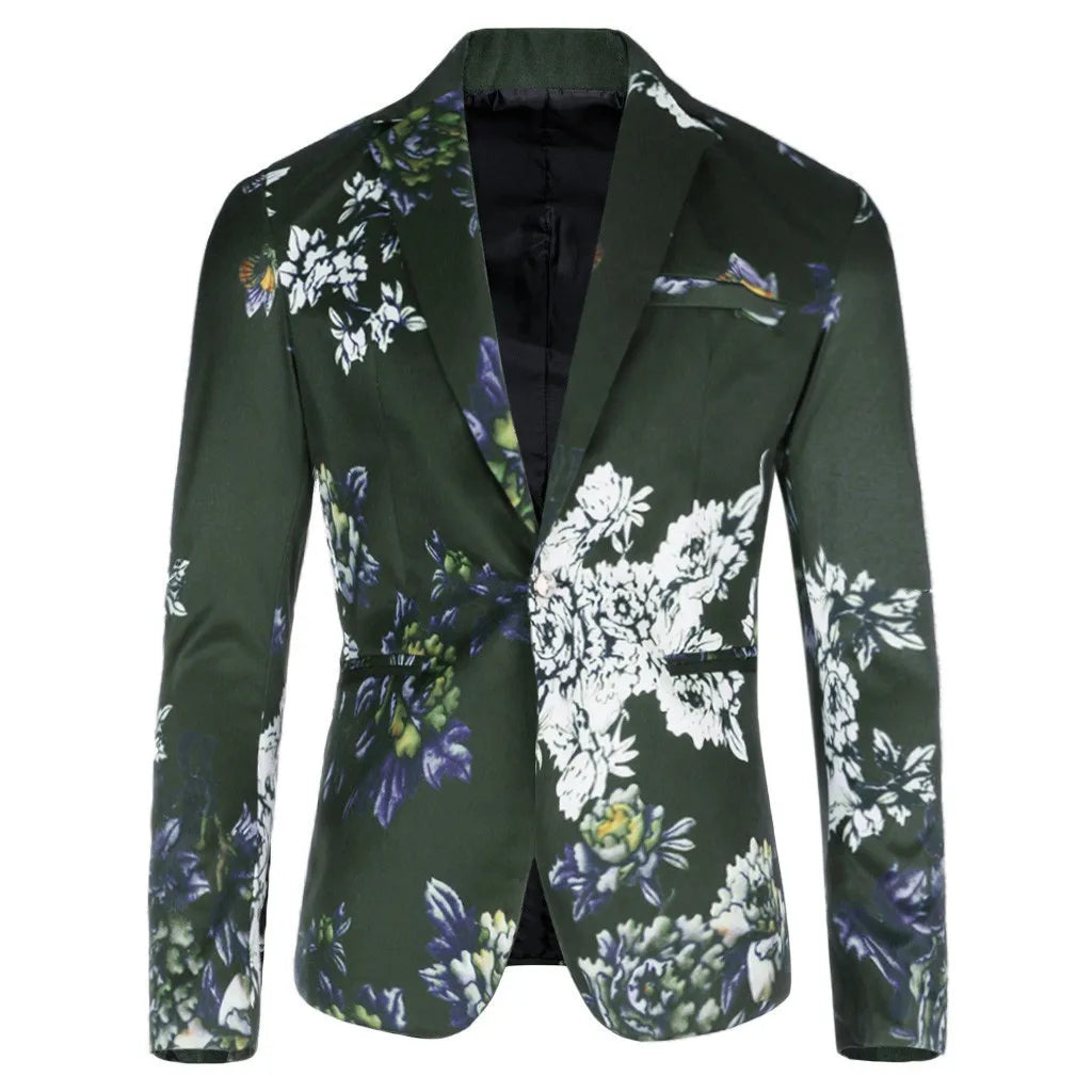 Men's Flower Print Blazer Long Sleeved Lapel One Button Formal Suit Jackset Male Business Wedding Party Outwear Coat Suit Tops