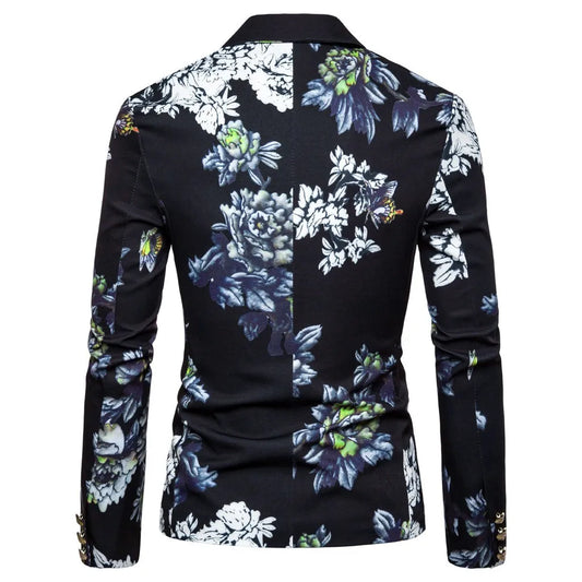 Men's Flower Print Blazer Long Sleeved Lapel One Button Formal Suit Jackset Male Business Wedding Party Outwear Coat Suit Tops