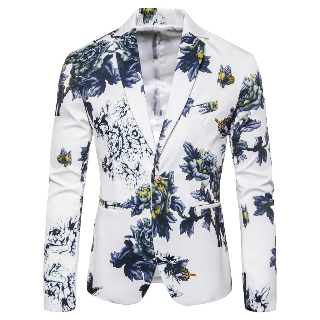 Men's Flower Print Blazer Long Sleeved Lapel One Button Formal Suit Jackset Male Business Wedding Party Outwear Coat Suit Tops