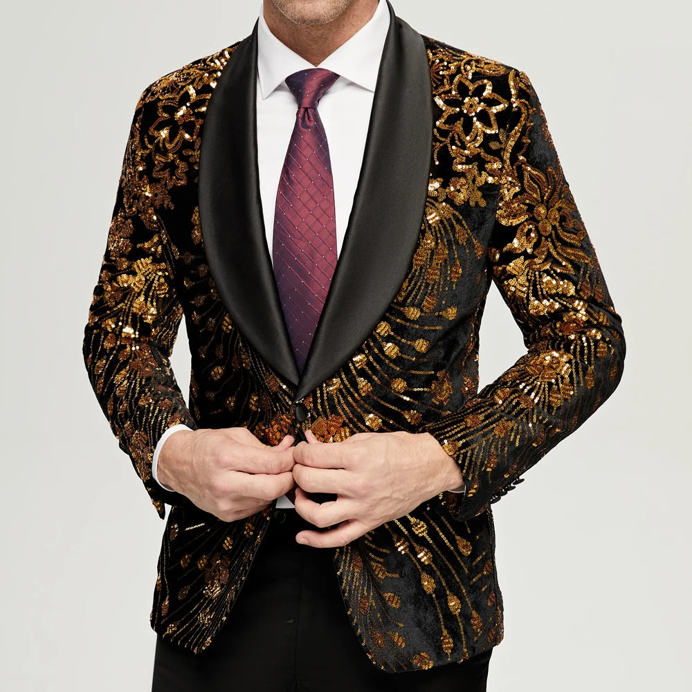 Blazer à paillettes dorées pour homme, coupe slim, un bouton, costume de soirée, mariage, scène 