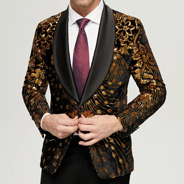 Men's Gold Sequin Blazer Jacket Men Slim FIt One Button Dress Suit Blazer Party Wedding Stage Costume Homme