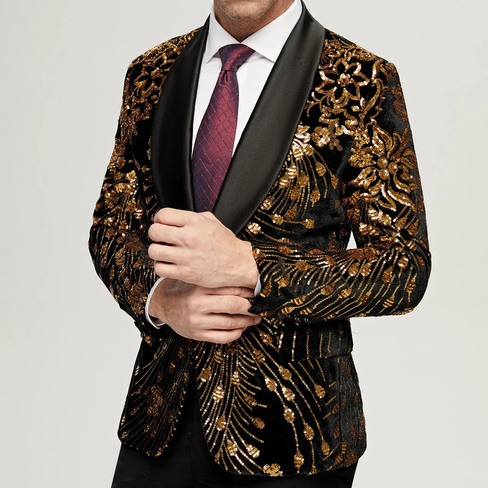 Blazer à paillettes dorées pour homme, coupe slim, un bouton, costume de soirée, mariage, scène 