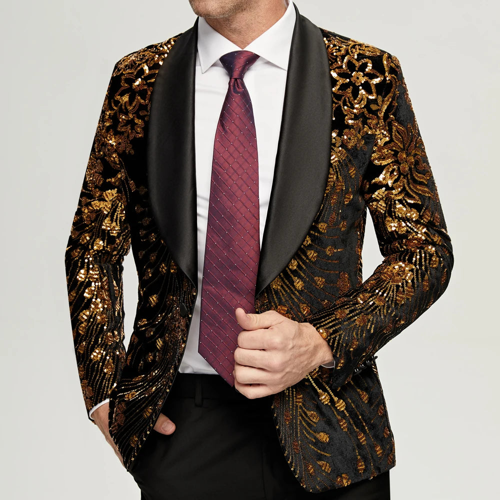 Blazer à paillettes dorées pour homme, coupe slim, un bouton, costume de soirée, mariage, scène 