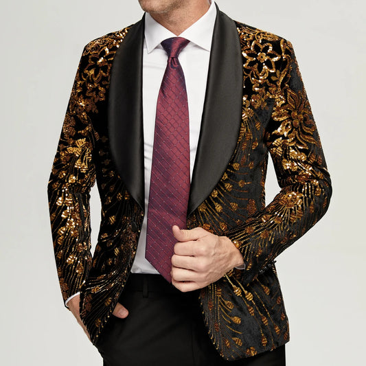 Men's Gold Sequin Blazer Jacket Men Slim FIt One Button Dress Suit Blazer Party Wedding Stage Costume Homme