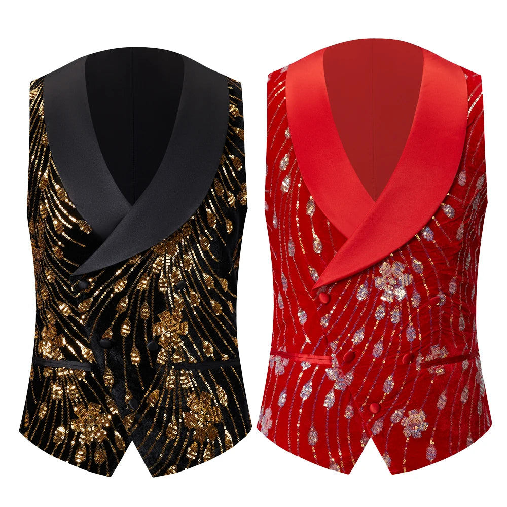 Chaleco de traje con lentejuelas doradas y brillantes para hombre, con detalles brillantes, rojo y negro, ideal para discotecas, bodas, fiestas, escenarios y cantantes. 