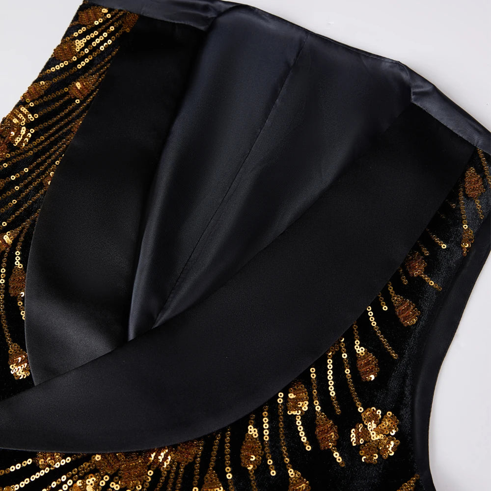 Chaleco de traje con lentejuelas doradas y brillantes para hombre, con detalles brillantes, rojo y negro, ideal para discotecas, bodas, fiestas, escenarios y cantantes. 