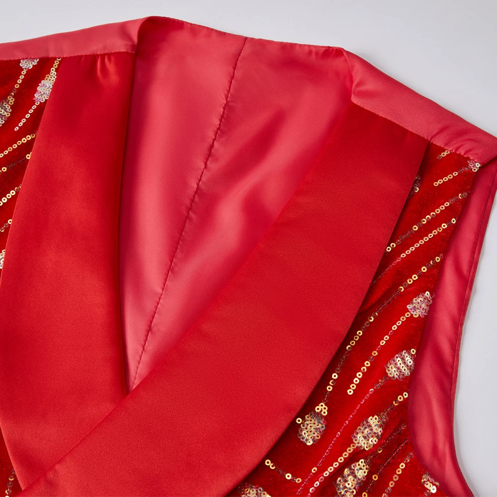 Chaleco de traje con lentejuelas doradas y brillantes para hombre, con detalles brillantes, rojo y negro, ideal para discotecas, bodas, fiestas, escenarios y cantantes. 