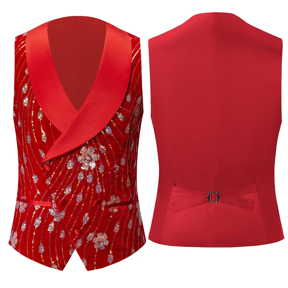 Chaleco de traje con lentejuelas doradas y brillantes para hombre, con detalles brillantes, rojo y negro, ideal para discotecas, bodas, fiestas, escenarios y cantantes. 