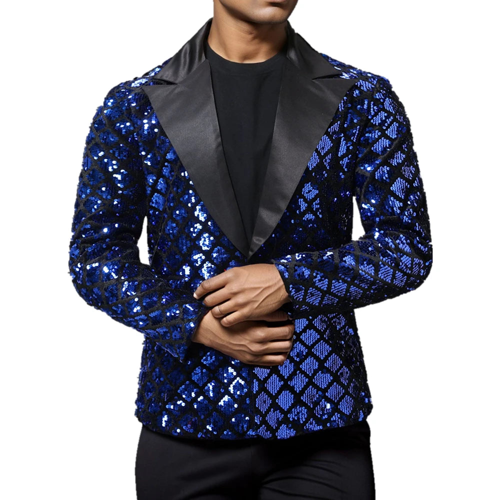 Veste de costume à paillettes dorées brillantes pour homme, veste de performance de mariage, manteau de soirée, blazers bleus et noirs argentés