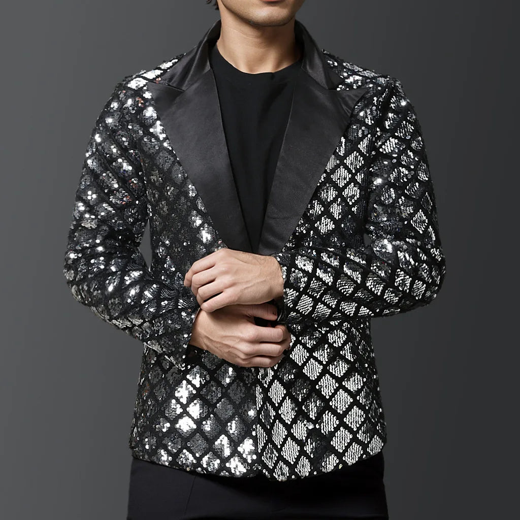 Veste de costume à paillettes dorées brillantes pour homme, veste de performance de mariage, manteau de soirée, blazers bleus et noirs argentés
