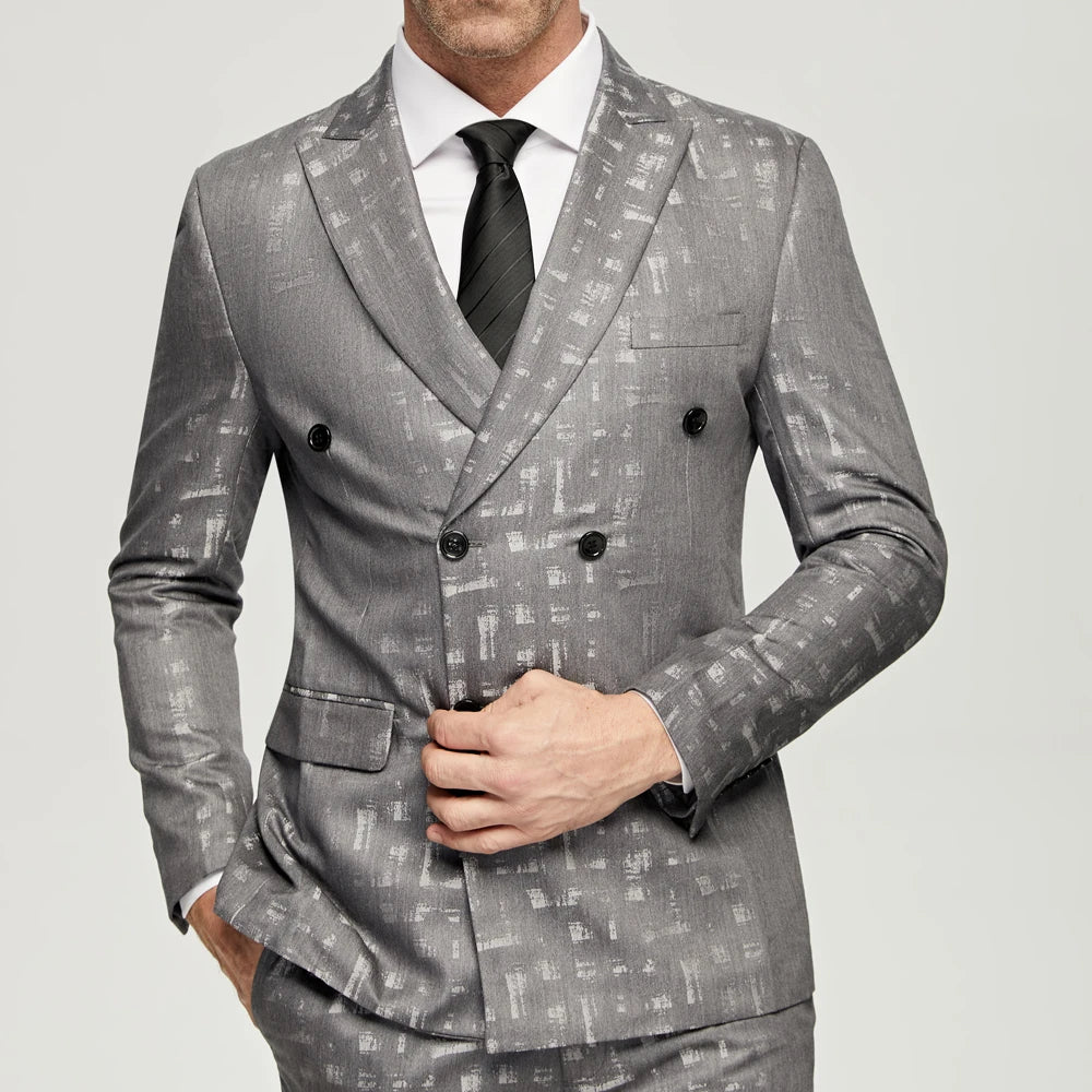 Costumes jacquard gris pour hommes, décontractés, croisés, 6 boutons, tenues de mariage pour mariés (veste + pantalon), costumes de dîner de bal formels 