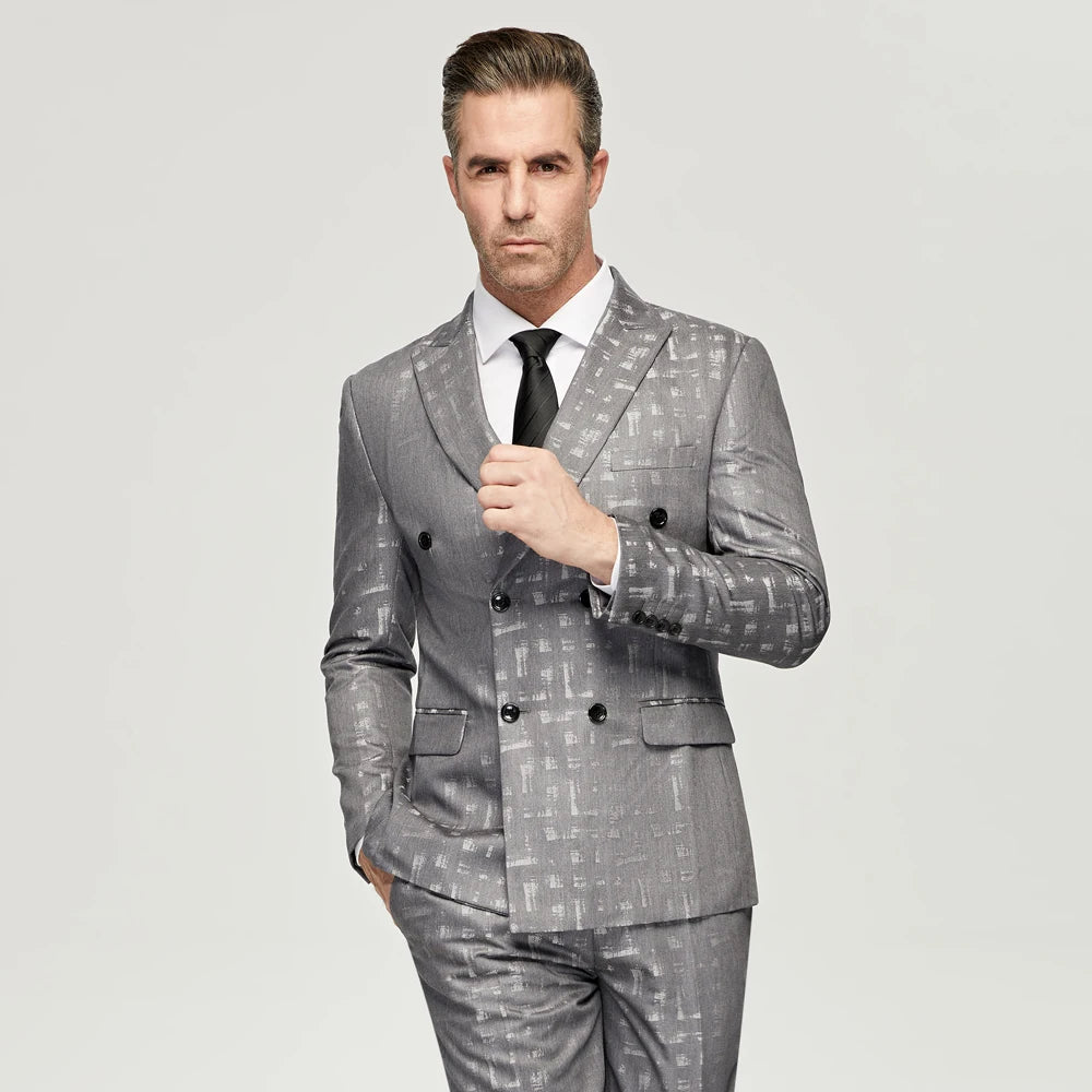 Costumes jacquard gris pour hommes, décontractés, croisés, 6 boutons, tenues de mariage pour mariés (veste + pantalon), costumes de dîner de bal formels 