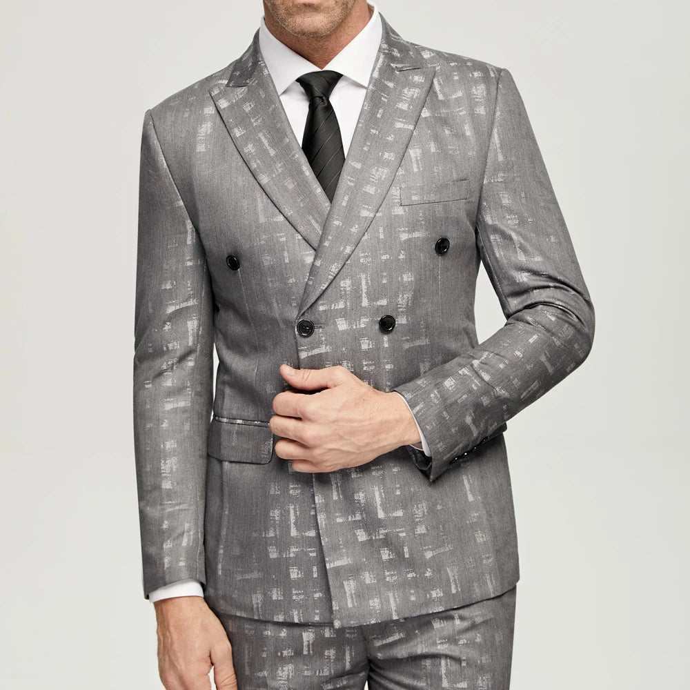 Costumes jacquard gris pour hommes, décontractés, croisés, 6 boutons, tenues de mariage pour mariés (veste + pantalon), costumes de dîner de bal formels 