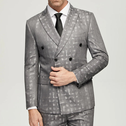 Men's  Grey Jacquard Suits  Casual Double Breasted 6 Buttons Wedding Grooms Wear (Jacket+Pants) Formal Prom Dinner Suits