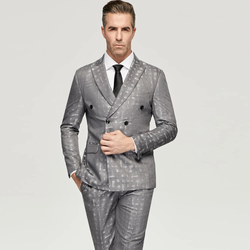 Costumes jacquard gris pour hommes, décontractés, croisés, 6 boutons, tenues de mariage pour mariés (veste + pantalon), costumes de dîner de bal formels 