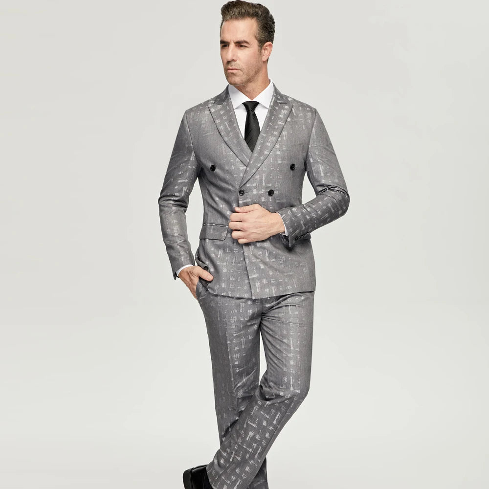 Costumes jacquard gris pour hommes, décontractés, croisés, 6 boutons, tenues de mariage pour mariés (veste + pantalon), costumes de dîner de bal formels 