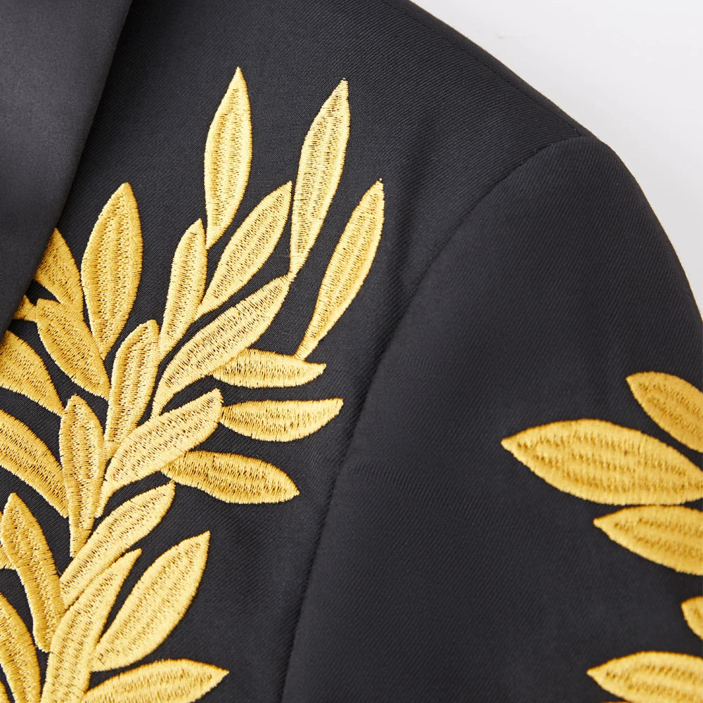 Elegant Men's Black Floral Embroidered Tuxedo Suit Set for Weddings, Prom, and Formal Events