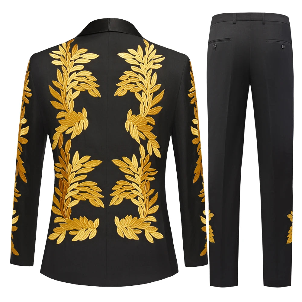 Elegant Men's Black Floral Embroidered Tuxedo Suit Set for Weddings, Prom, and Formal Events