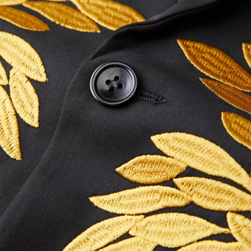 Elegant Men's Black Floral Embroidered Tuxedo Suit Set for Weddings, Prom, and Formal Events