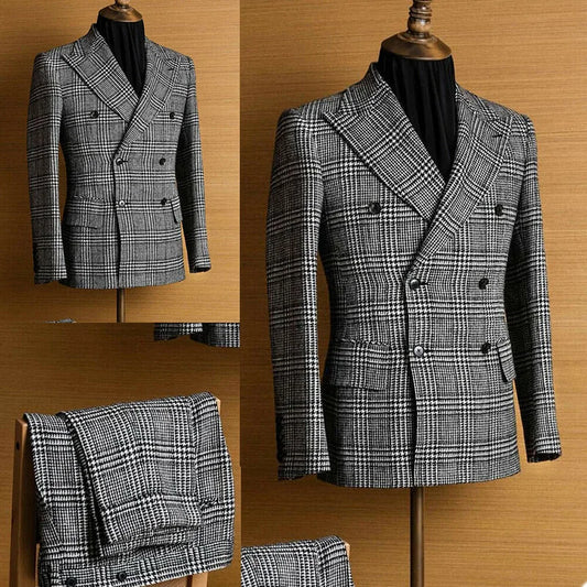 Men's Houndstooth Premium Double Breasted Buttons Tuxedos Peak Lapel Two-Piece Suit Daily Casual Wedding Dinner Business Party