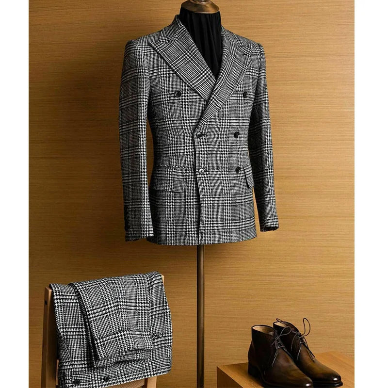 Costume deux pièces pied-de-poule pour homme, haut de gamme, croisé, boutons, revers en pointe, pour tous les jours, décontracté, mariage, dîner, affaires, fête 