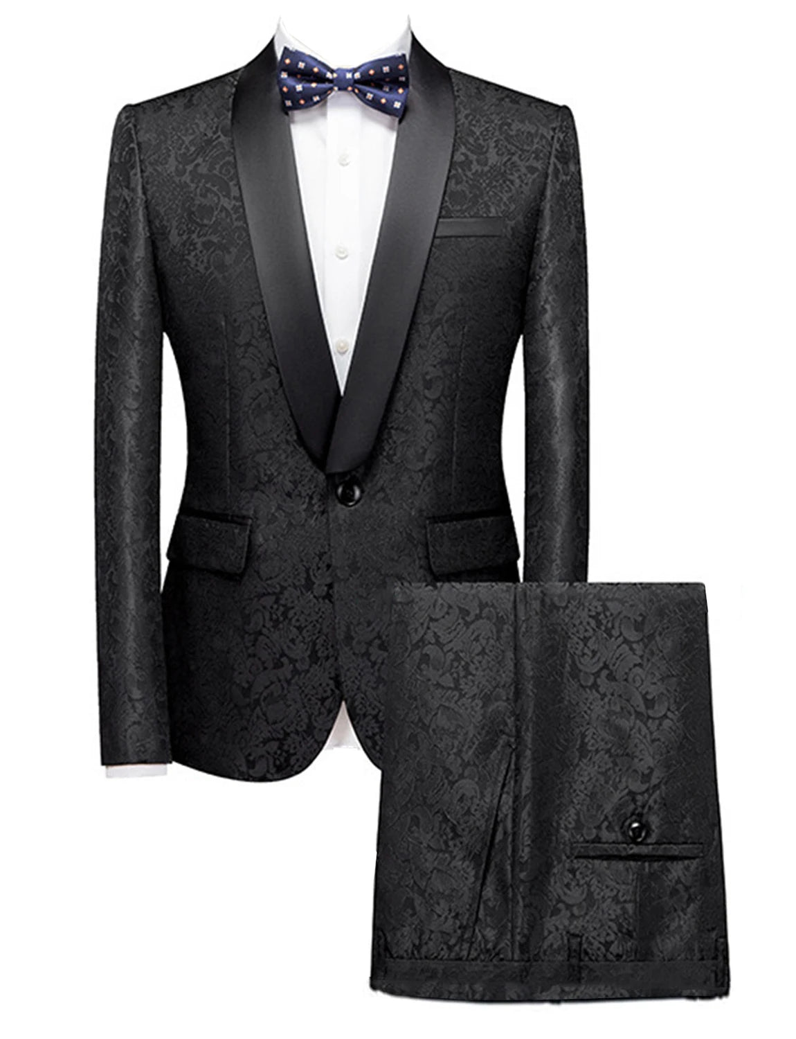 Elegante traje de esmoquin jacquard para hombre con solapa chal para bodas y eventos formales.