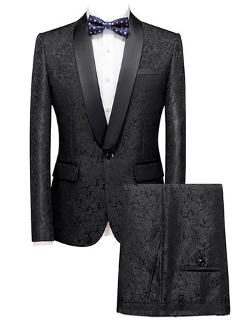 Elegante traje de esmoquin jacquard para hombre con solapa chal para bodas y eventos formales.